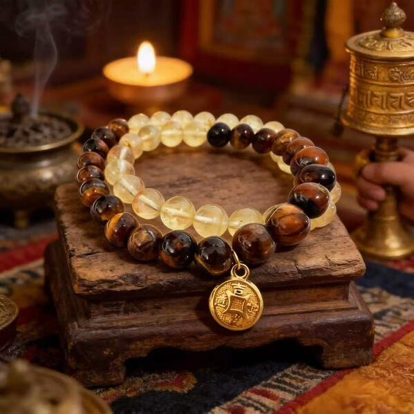 BBR-HYS-010 Natural Gold Tiger Eye & Citrine Double Wrap Beaded Bracelet 8mm, Tibetan Himalayan Style Ethnic Unisex Jewelry with Gold Plated Details, Comes with Gift Box & Unique Numbered Signature Info Card BuuuBee Art