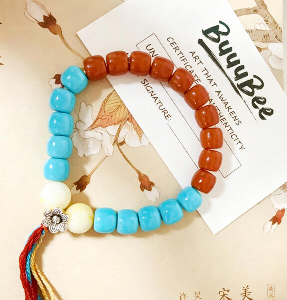 BBR-HYS-015 BuuuBee Custom Tibetan Style Men's Beaded Bracelet - 8x8mm Red Agate, 8x8mm Turquoise & 10mm Amber Beads with Silver Flower Accents and Handmade Tassel, Adjustable 16-20cm