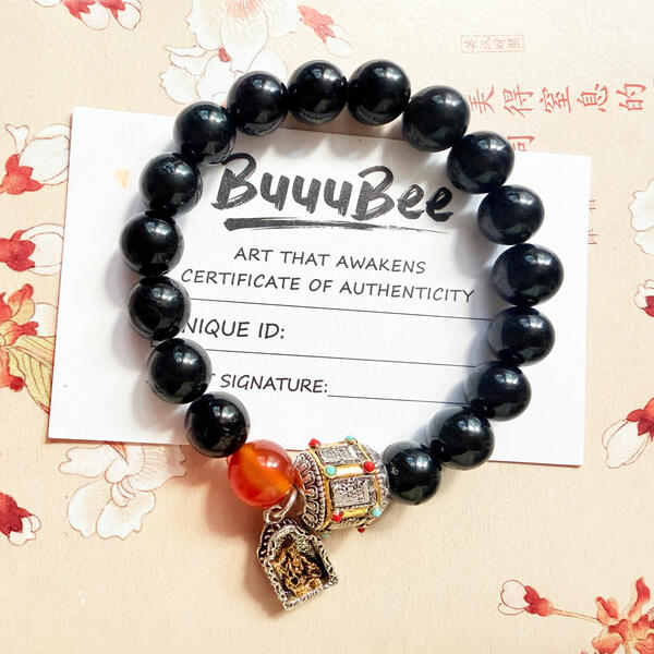 BBR-HYS-016 Custom Handmade Natural Obsidian Beaded Bracelet for Men, Himalayan Ethnic Style 10mm Gemstone Jewelry with Silk Banded Agate Rotatable Barrel Bead & Silver Pendant, Custom Sizing, 16-20cm Adjustable Sizes