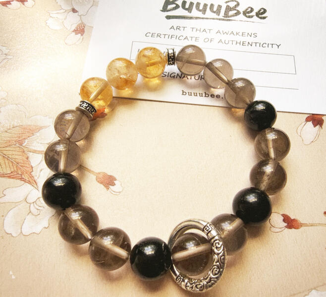 BuuuBee Handmade Custom Himalayan Style Men's Beaded Bracelet - 10mm Smoky Quartz, Citrine & Obsidian Beads with Tibetan-Style Interlocking Ring, 16-20cm
