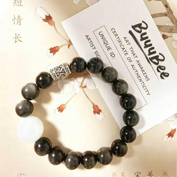 BuuuBee Custom Tibetan Style Men's Beaded Bracelet - 10mm Silver Sheen Obsidian & White Quartz Beads with Tibetan Silver Tube Accent, Himalayan Ethnic Jewelry for Men, Adjustable 16-20cm